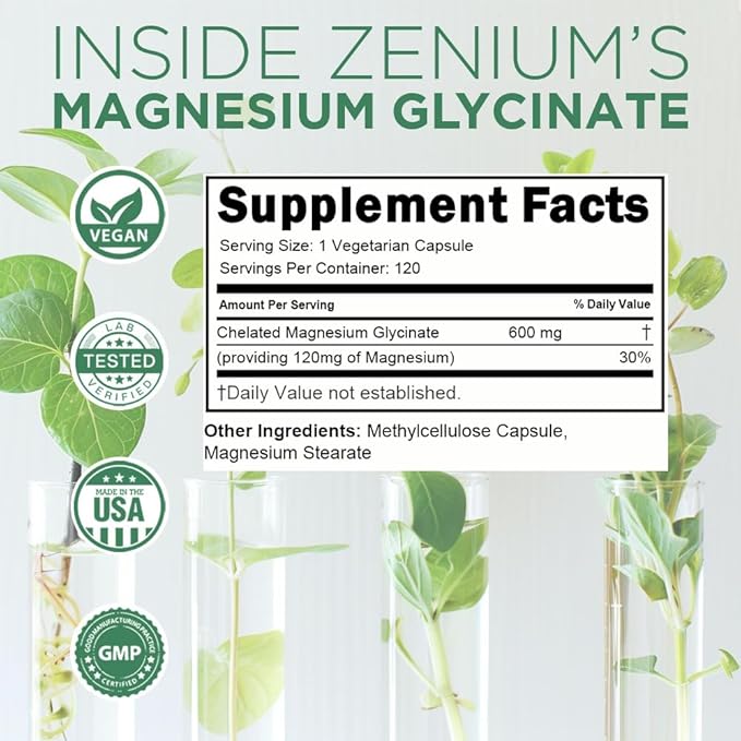 Zenium - Magnesium Glycinate 600 mg per Serving, 120 Capsules | Relieve Stress, Tension, Worry