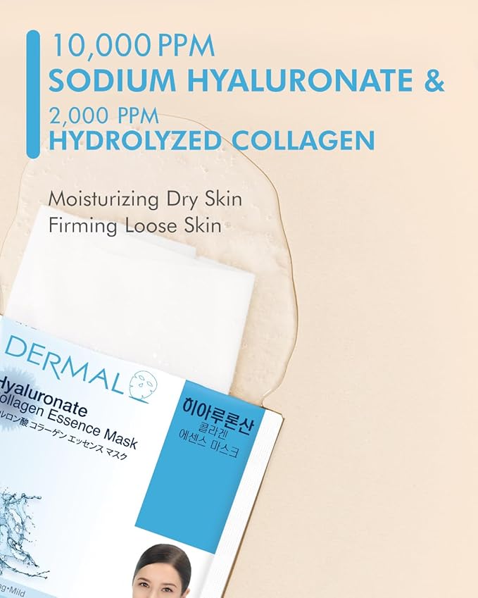 DERMAL Hyaluronate Collagen Essence Facial Mask Sheet 23g Pack of 10 - Hydro Boost Moisturizing for