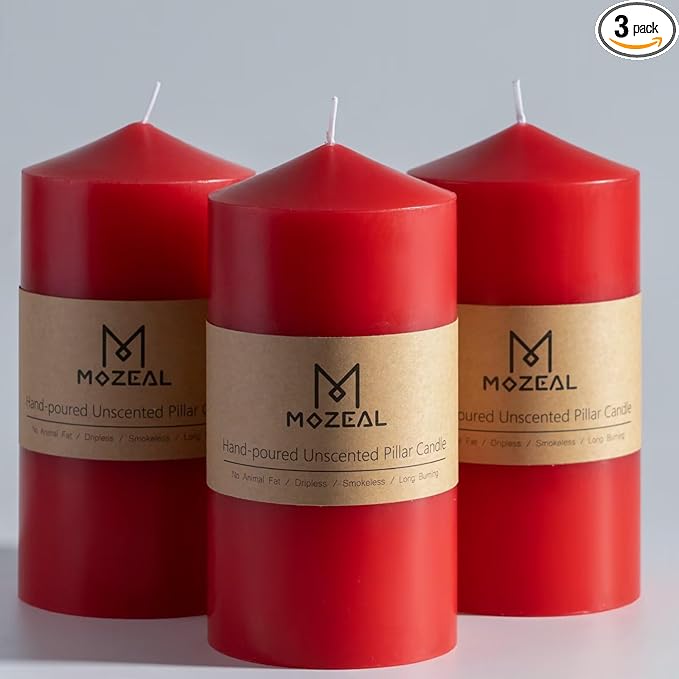 MOZEAL 3" x 6" Hand-Poured Unscented Red Pillar Candles,Dripless Candles Set of 3,Long Lasting