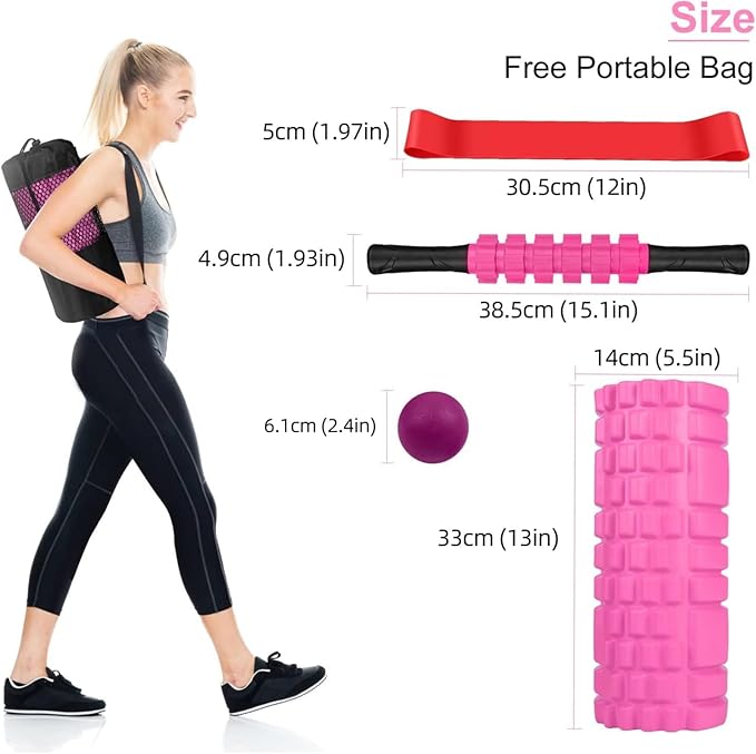 5 in 1 Foam Roller Set Includes Hollow Core Massage Roller, Yoga Stick, Massage Ball, Fitness