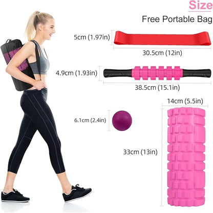5 in 1 Foam Roller Set Includes Hollow Core Massage Roller, Yoga Stick, Massage Ball, Fitness