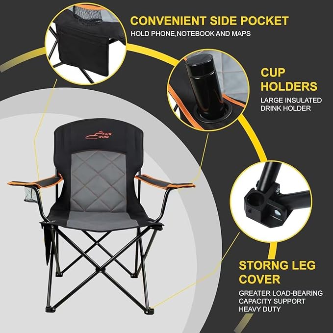 FAIR WIND Oversized Fully Padded Camping Chair, Heavy Duty Quad Fold Chair Arm Chair Support 350
