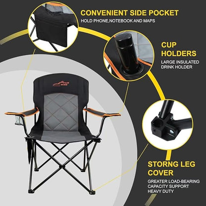 FAIR WIND Oversized Fully Padded Camping Chair, Heavy Duty Quad Fold Chair Arm Chair Support 350