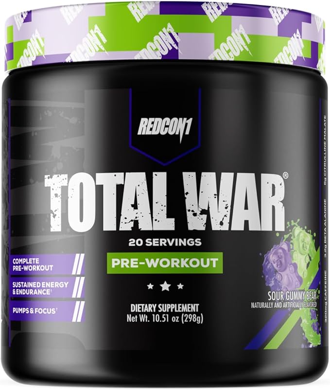REDCON1 Total War Pre Workout, Sour Gummy Bear - Fast Acting Caffeinated Preworkout for Men + Women