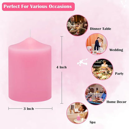 Unscented Pink Pillar Candles, 45 Hour 3x4 Inch Dripless Tapered Fat Column Cylinder Candles for