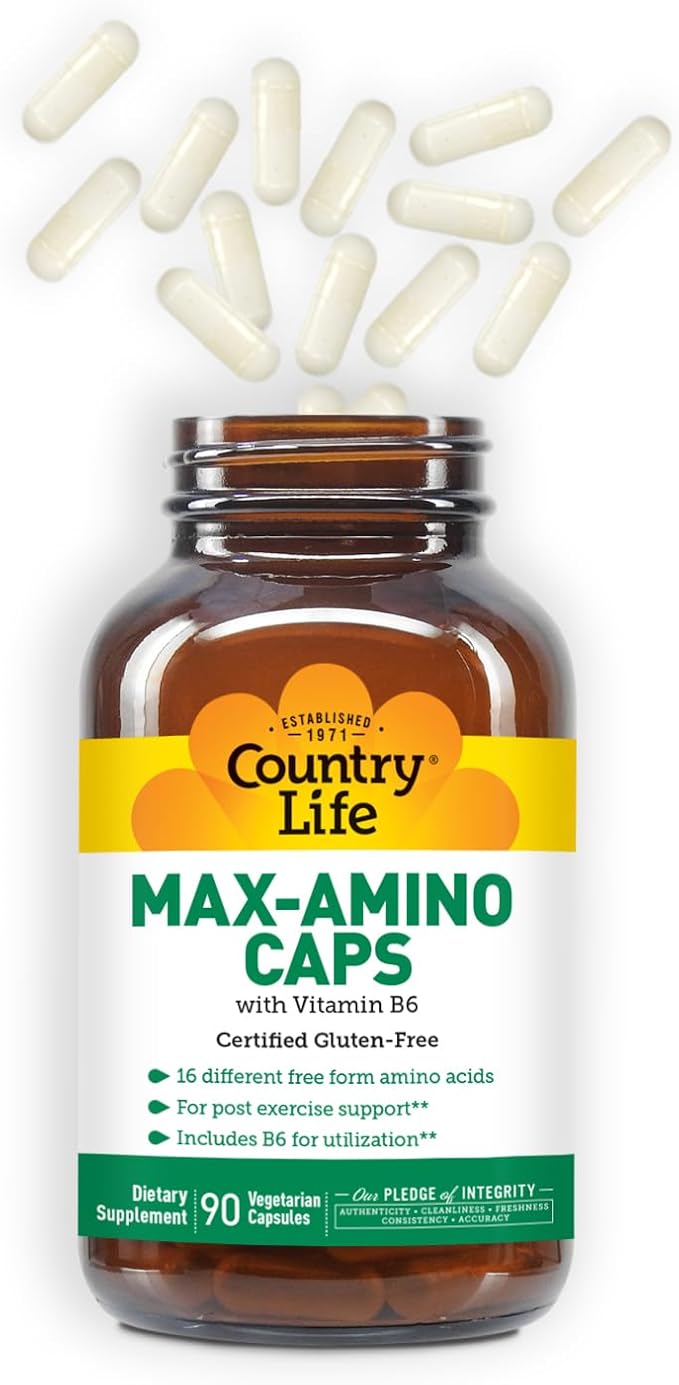 Country Life Maxi-Amino with 16 Free Form Amino Acids, 90 Vegetarian Capsules, Certified Gluten