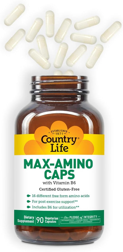 Country Life Maxi-Amino with 16 Free Form Amino Acids, 90 Vegetarian Capsules, Certified Gluten