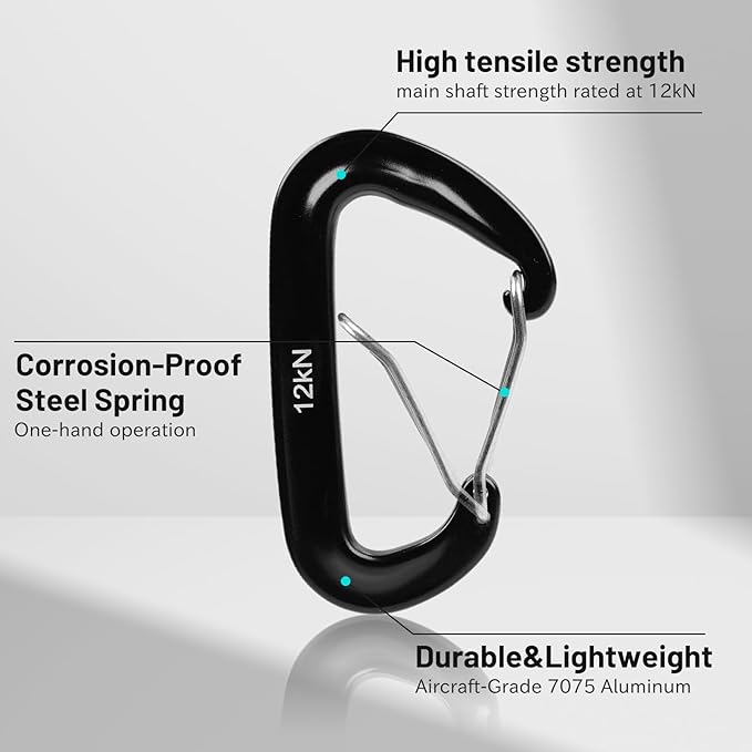 4-Pack Carabiner Clips Heavy Duty-12KN, 7075 Aircraft Aluminum Carabiners with Wiregate