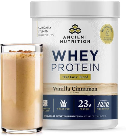 Ancient Nutrition Grass Fed Whey Protein + Fat Loss Blend, Vanilla Cinnamon, 23g Protein, Promotes