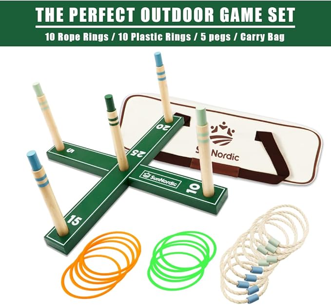 Wooden Ring Toss Game Set, Backyard Beach Camping Game with Toss Rings & Portable Carrying Bag