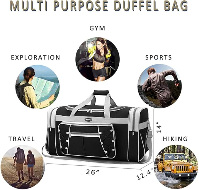 Travel Duffle Bags for Men 26" Black Weekender Over Night Carry On Bag, Lightweight Extra Large