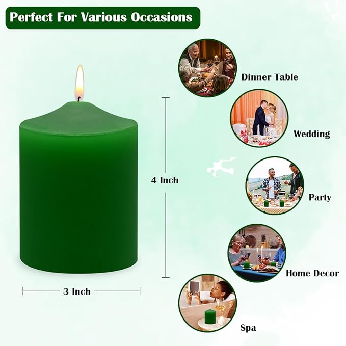 3x4 Inch Green Pillar Candles, 3 Packs Unscented Smokeless Pillar Candles for Christmas, St.