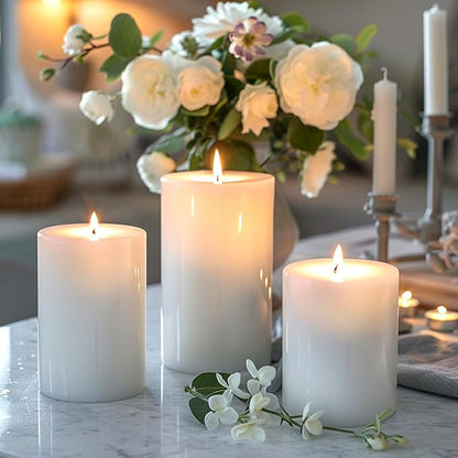 3 Packs Unscented Different Sizes White Pillar Candles, Non-Toxic Dripless Smokeless 3x4, 3x6, 3x8