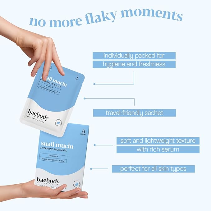 Baebody Snail Mucin Face Sheet Mask (6 pcs) - Anti Aging and Moisturizing Face Mask with Hyaluronic