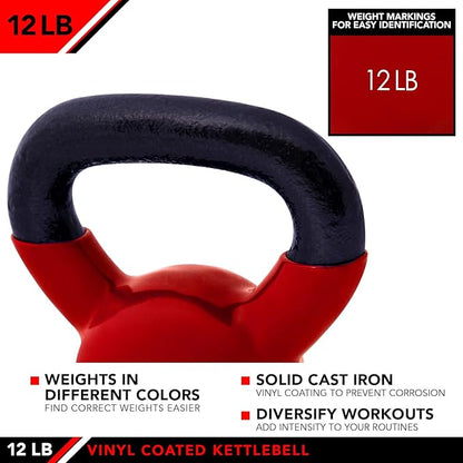 JFIT Kettlebell Weights Vinyl Coated Iron - 12 Size Options, 5lbs-50lbs - Coated for Floor and