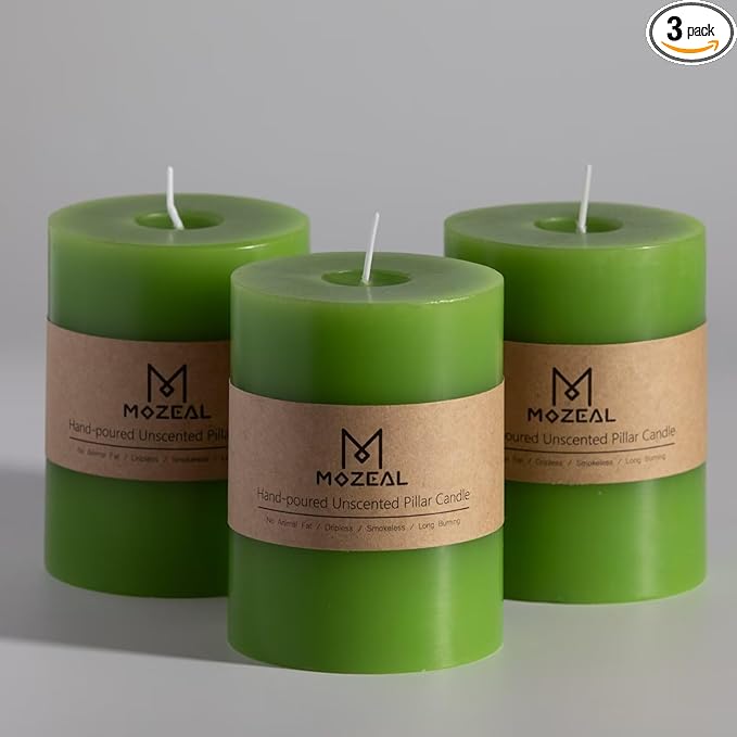MOZEAL 3" x 4" Hand-Poured Unscented Candle, Dripless Pillar Candle Set of 3, Long Clean Burning