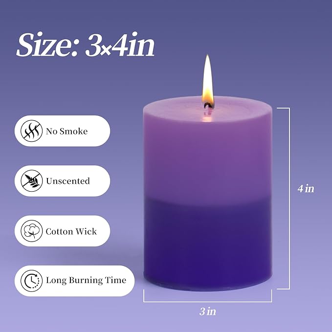 KONNI Purple Layered Pillar Candles Set of 3, 3"x 4" Unscented Pillar Candles Bulk, 39 Hours Long