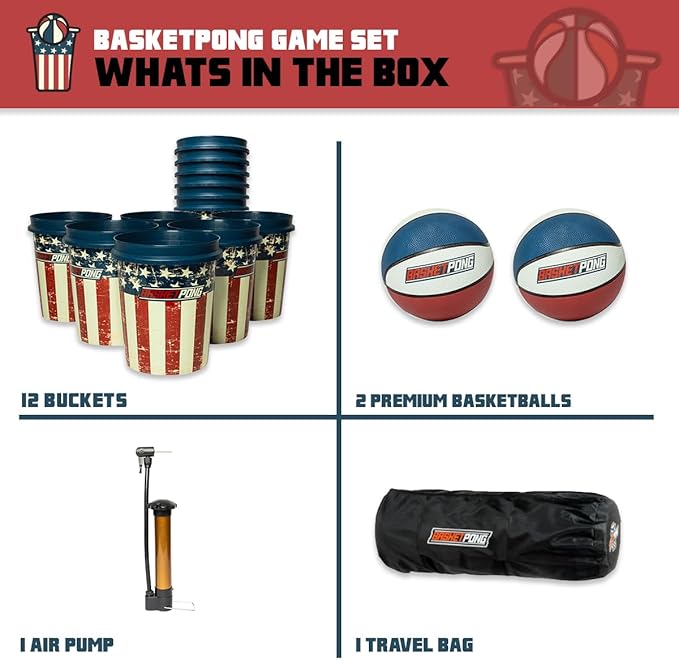 USA – Giant Yard Pong and Basketball Game with 12 Buckets, 2 Balls, Carrying Bag, and Air Pump