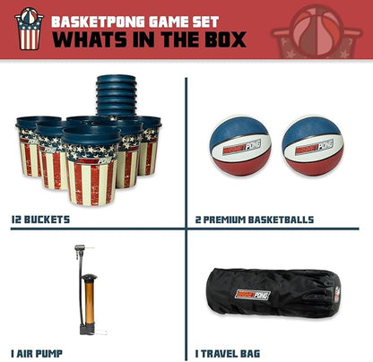 USA – Giant Yard Pong and Basketball Game with 12 Buckets, 2 Balls, Carrying Bag, and Air Pump