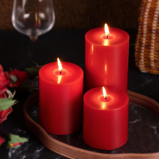 KONNI Red Pillar Candles Set of 3, 3"x 4" Unscented Pillar Candles Bulk, 39 Hours Long Burning