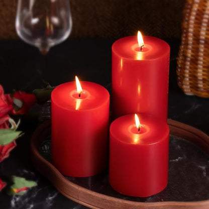 KONNI Red Pillar Candles Set of 3, 3"x 4" Unscented Pillar Candles Bulk, 39 Hours Long Burning