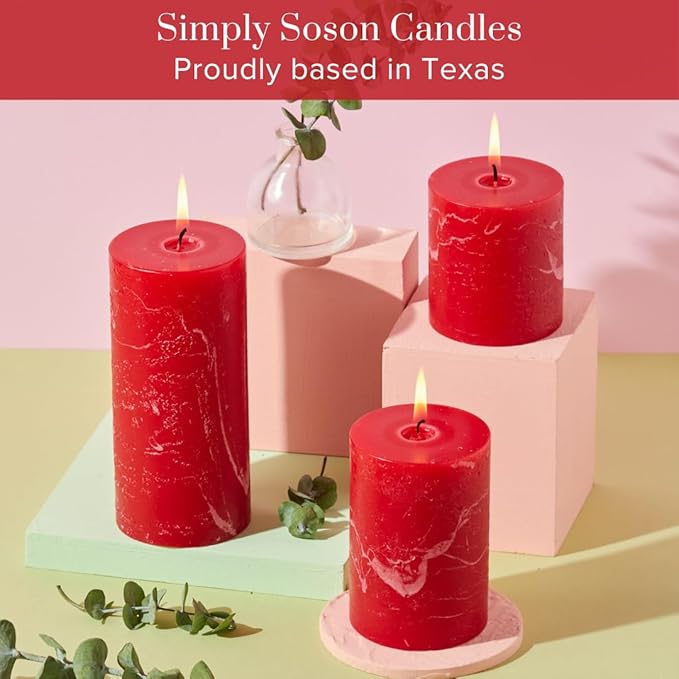 Simply Soson 3x6 inch Red Pillar Candles Set of 3, Rustic Texture, Unscented Red Candles, Dripless