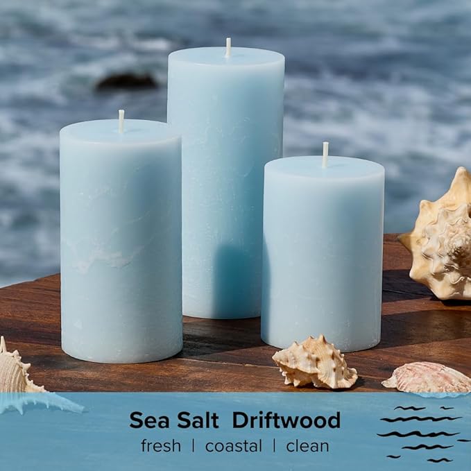 Simply Soson 3x6 inch Light Blue Rustic Sea Salt and Driftwood Pillar Scented Candle - 3 Pack - for