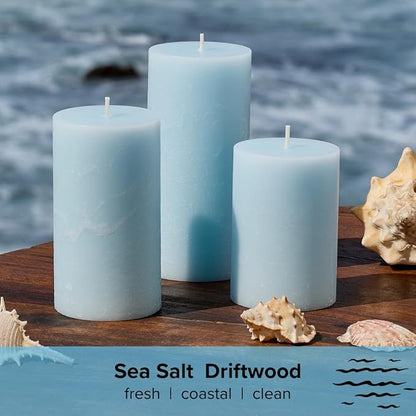 Simply Soson 3x6 inch Light Blue Rustic Sea Salt and Driftwood Pillar Scented Candle - 3 Pack - for