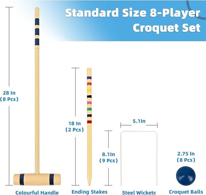 28In Croquet Party Set for 8 Players - Made of Long-Lasting Pine Wood, Family Fun for Backyards