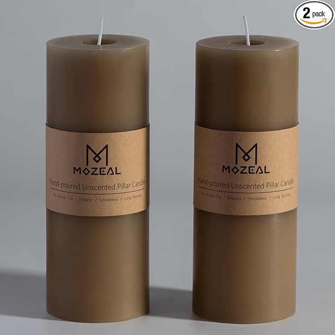 MOZEAL 3" x 8" Hand-Poured Unscented Large Candle, Smokeless Rustic Pillar Candle Set of 2, Slow