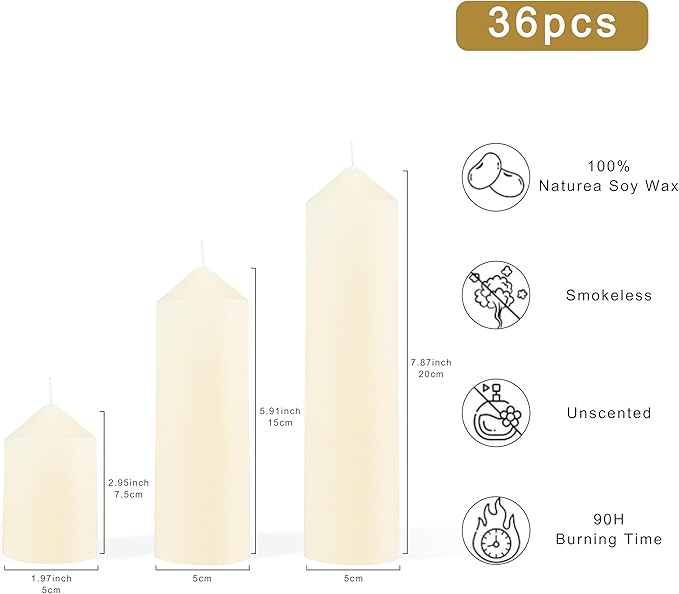 36 Pcs Pillar Candles, Unscented Ivory White Pillar Candles Bulk Set, Long Burning Wax Candles