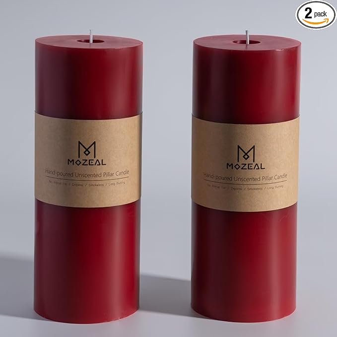 MOZEAL 4" x 10" Extra-Large Dark Red Pillar Candles (Set of 2), Unscented,Dripless, Smokeless,Long