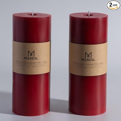 MOZEAL 4" x 10" Extra-Large Dark Red Pillar Candles (Set of 2), Unscented,Dripless, Smokeless,Long