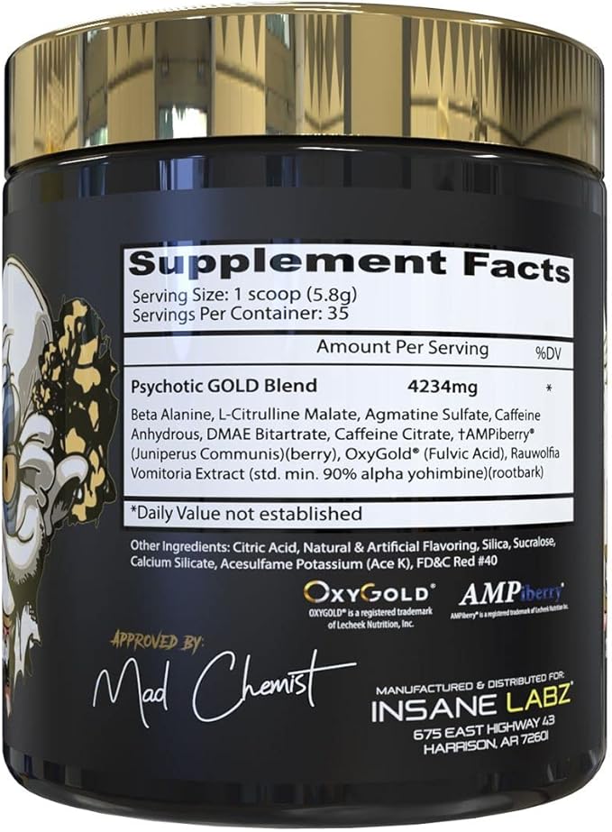 Insane Labz Psychotic Gold, High Stimulant Pre Workout Powder, Extreme Lasting Energy Focus, Pumps