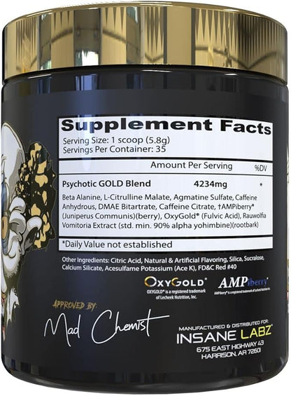 Insane Labz Psychotic Gold, High Stimulant Pre Workout Powder, Extreme Lasting Energy Focus, Pumps