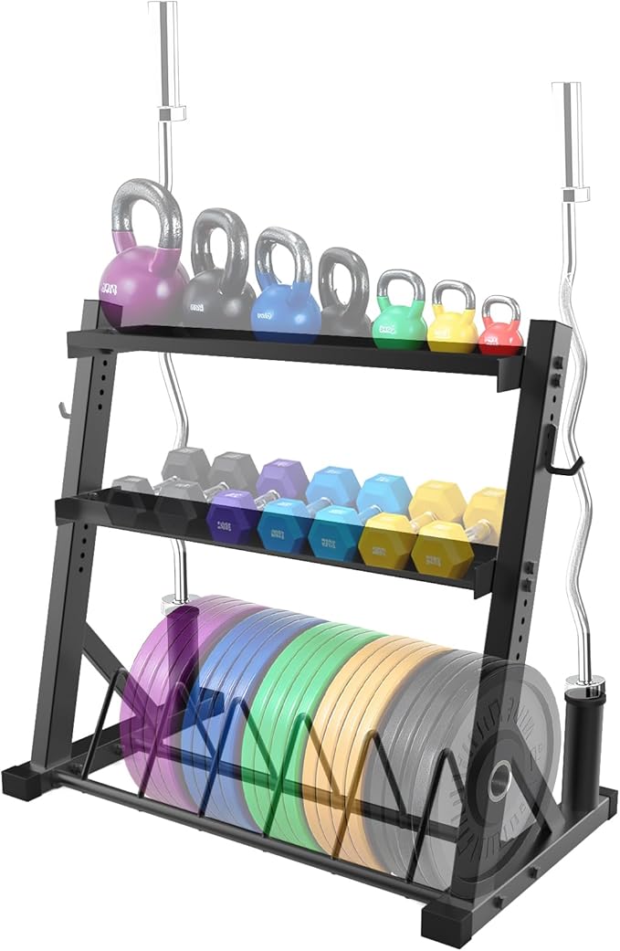 3 Tier Barbell Storage Racks,1000 LBS Capacity Adjustable Weight Rack for Dumbbell, Kettlebell