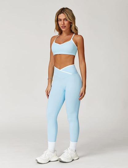 ABOCIW Workout Sets for Women 2 Piece Color Block Strappy Sports Bra High Waist Leggings Gym Yoga