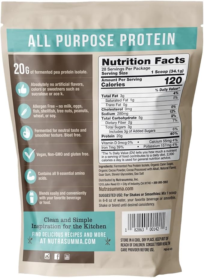 Pea Protein Powder, Vegan Chocolate Flavor, 100% Plant Based, No Artificial Sweeteners, Non GMO