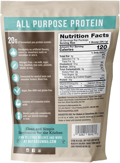 Pea Protein Powder, Vegan Chocolate Flavor, 100% Plant Based, No Artificial Sweeteners, Non GMO