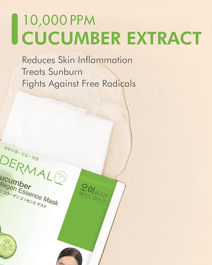 DERMAL Cucumber Collagen Essence Facial Mask Sheet 23g Pack of 10 - Soothing & Moisturizing