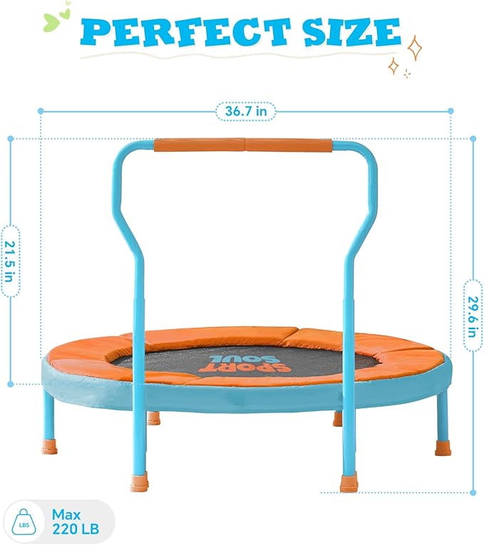 SPORTSOUL Mini Trampoline for Kids 3-6 with Super Safe Foam Handle Bar, 3ft Toddler Trampoline