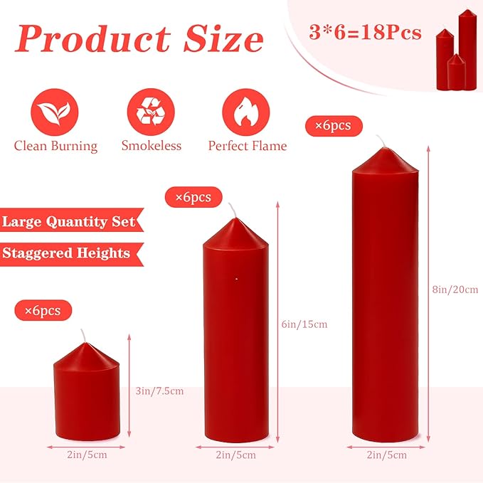 18 Pcs Red Pillar Candles Bulk Set，Hurricane Candlesï¼? Different Lengths (6 Each)，Dripless