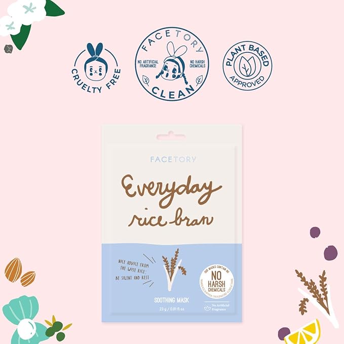 FACETORY K Beauty Face Mask Skin Care - Everyday RICE BRAN Soothing Sheet Mask | Plant-Based Rice