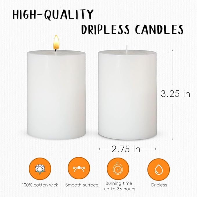 6 Packs 2.75x3.25 Inch White Pillar Candles, Unscented Dripless Non-Toxic Smokeless Clean Long