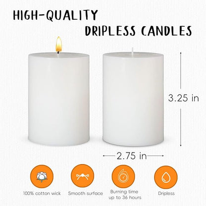 6 Packs 2.75x3.25 Inch White Pillar Candles, Unscented Dripless Non-Toxic Smokeless Clean Long