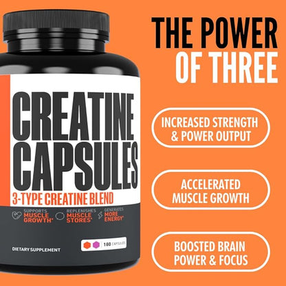 Creatine Capsules, 5g Premium 3X ThreeAtine Pre Workout Bulk Muscle Mass Gainer, High Absorption