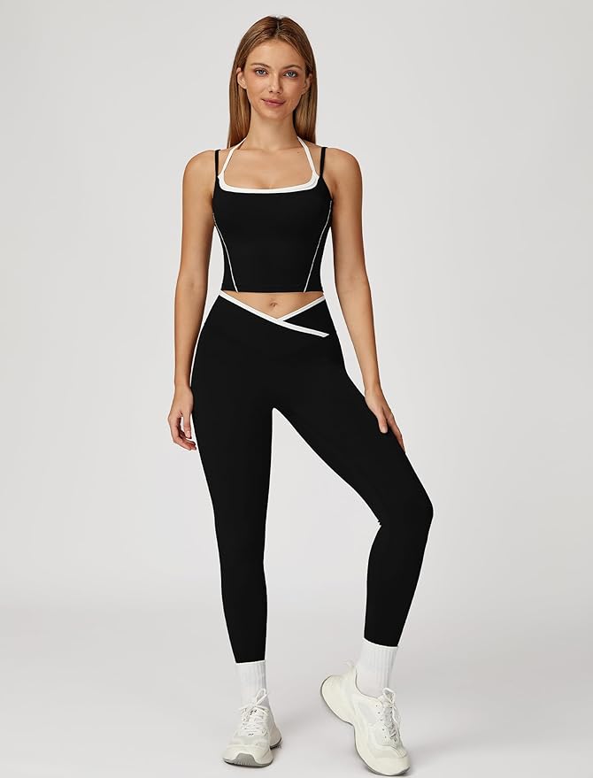 ABOCIW Workout Sets for Women 2 Piece Color Block Strappy Sports Bra High Waist Leggings Gym Yoga