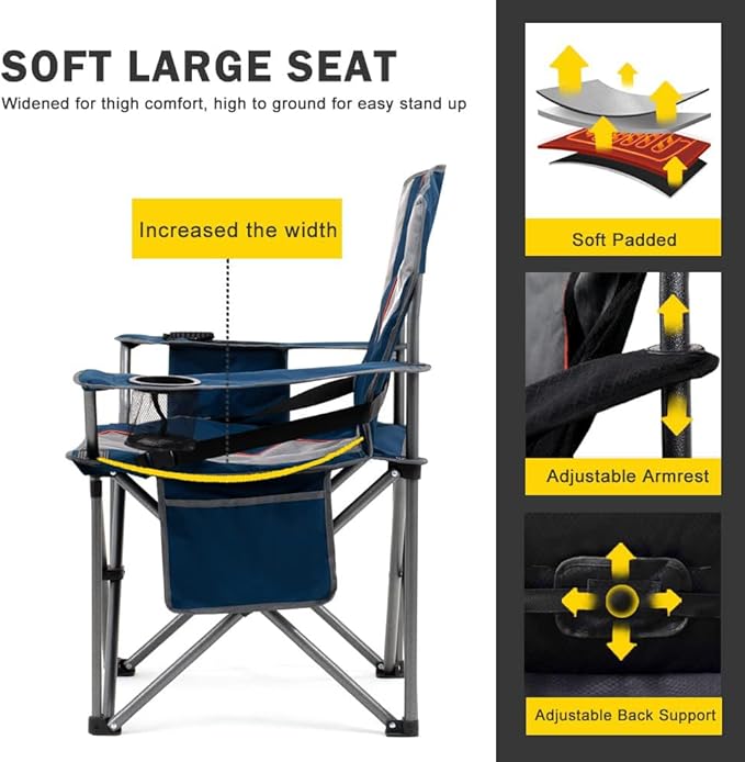FAIR WIND Oversized Fully Padded Camping Chair with Lumbar Support, Heavy Duty Quad Fold Arm Chair
