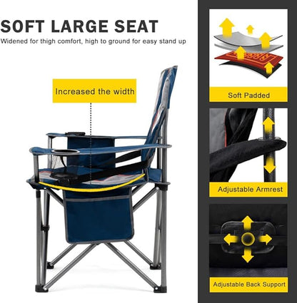FAIR WIND Oversized Fully Padded Camping Chair with Lumbar Support, Heavy Duty Quad Fold Arm Chair