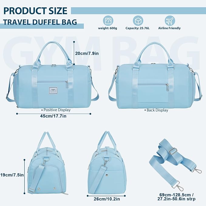 FIORETTO Womens Gym Tote Duffle Bag with Wet Pocket & Shoe Compartment, Sports Duffel Overnight